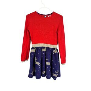 Mini Boden Christmas Holiday Reindeer Dress Red 4Y Metallic Festive Holiday Chic